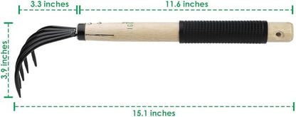 15inch Wood Hand Japanese Claw Rake NonSlip Rubber Handle, Military Grade Steel 5 Tine Cultivator Gardener for Pulverized and Aerated Soil