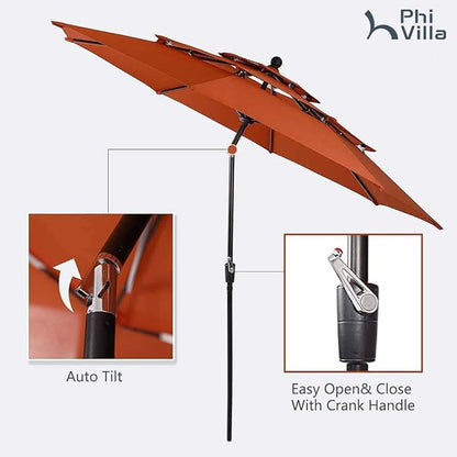 PHI VILLA 5 Pieces Outdoor Dining Set with Umbrella for 4, 37" Square Metal Dining Table & 4 Cushioned Wicker Rattan Chairs with 10ft Red Umbrella for Patio, Deck, Yard, Porch