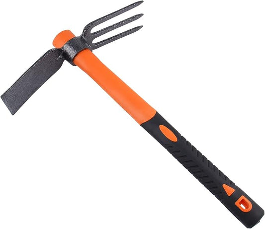 3 Sprongs Dual Head Rake Hoe with Heavy Duty Forged Adze and Ergonomic Non-Slip Handle for Loosening Soil, Gardening, Camping Outdoor 39mm/15-Inch