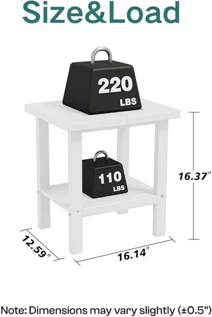Kingdura Adirondack Outdoor Side Table, 16 x 13 Inches HDPE Plastic Outside End Tables for Patio Pool Porch Backyard Indoor, 2 Tiers Storage Shelf, All Weather Resistant, Easy Maintenance (White)