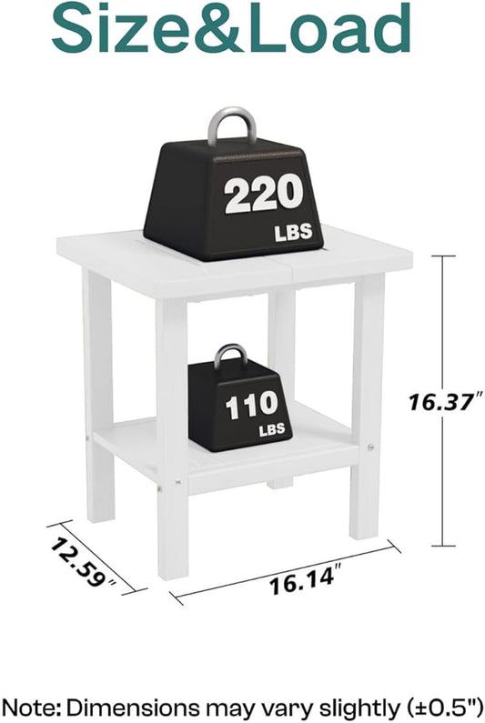 Kingdura Adirondack Outdoor Side Table, 16 x 13 Inches HDPE Plastic Outside End Tables for Patio Pool Porch Backyard Indoor, 2 Tiers Storage Shelf, All Weather Resistant, Easy Maintenance (White)