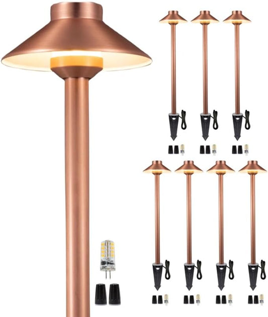 Gardenreet Brass Landscape Lights Pathway Light(Hat), 12V Low Voltage Copper Sideway Lamp Outdoor Waterproof LED for Patio Walkway Driveway Garden Yard with 3W 2700K G4 Bulb(8 Pack)