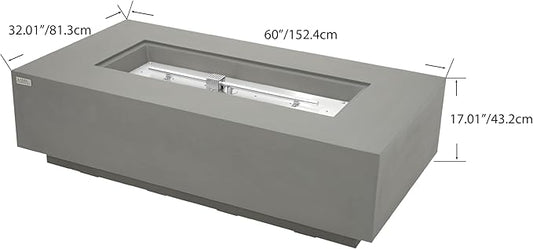 AMS Creations | Madison 60" Bundle Rectangular Propane Gas Outdoor Fire Pit Table | Light Gray Concrete GFRC | Smooth Texture or Surface | Electronic Ignition | Outside Backyard Fireplace