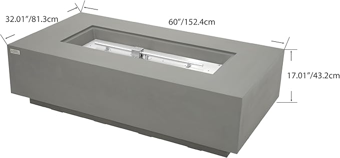 AMS Creations | Madison 60" Bundle Rectangular Natural Gas Outdoor Fire Pit Table | Light Gray Concrete GFRC | Smooth Texture or Surface | Electronic Ignition | Outside Backyard Fireplace