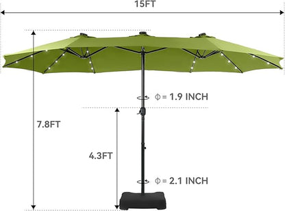 GREEN PARTY 15 ft Rectangle Patio Umbrella with Solar Lights and Base Included, Double-Sided Market Table Umbrella with Crank, Large Outdoor Umbrellas for Patio Poolside Garden Backyard, Lime Green