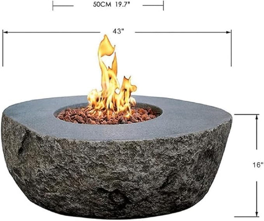 Elementi | Bundle Boulder Gas Fire Pit Cast Concrete Semi-Round Fire Table, Outdoor Fire Pit Electronic Ignition | Canvas Cover, Lava Rock Included | Natural Gas