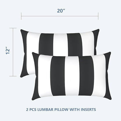 LVTXIII Outdoor/Indoor Lumbar Pillows, Decorative Patio Lumbar Cushions, Fluffy Water Repellent Garden Cushions for Home Patio Coach Sofa Use, 12×20 Inch, Pack of 2, Cabana Black