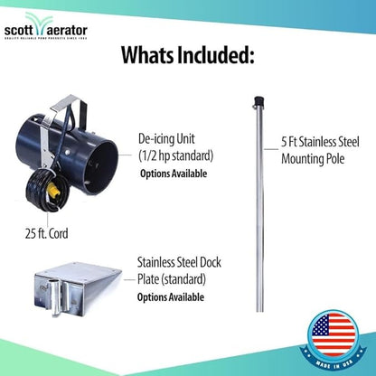 Scott Aerator DeIcer for Lakes & Ponds | 3/4 Horse Power 115V Stainless Steel | 50 ft. Electric Corded Cable Included with Dock Mount Assembly | Made in USA