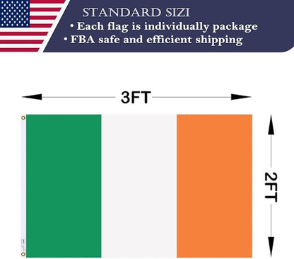 Double Sided Ireland Flag 2x3 Made in USA Outdoor Heavy Duty 3 Ply Polyester Irish Flag with White Starting Tape and 2 Brass Grommets