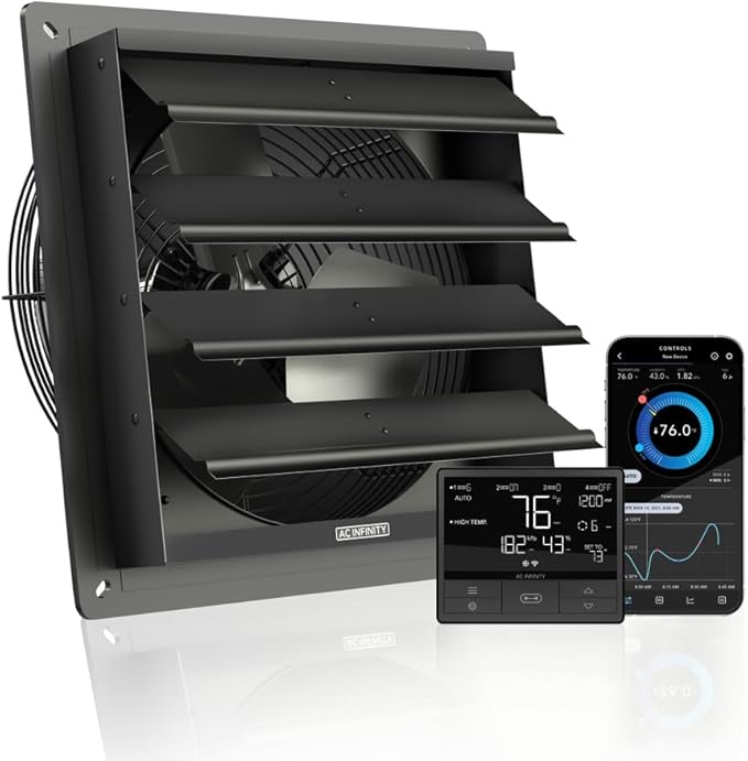 AC Infinity AIRLIFT T12, Shutter Exhaust Fan 12" with WiFi Temperature Humidity Controller, EC-Motor Wall Mount Ventilation and Cooling for Sheds, Attics, Workshops, and Greenhouses