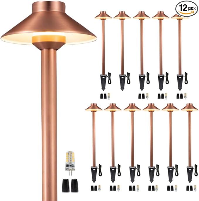 Gardenreet Waterproof Low Voltage Walkway Lights, Brass Copper Outdoor Pathway Light, IP65 LED Bronze Hat Top Sideway Lamp for Driveway Backyard Patio with 3W 270LM 4000K G4 Bulb 12 Pack