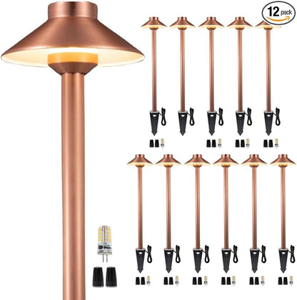 Gardenreet Waterproof Low Voltage Walkway Lights, Brass Copper Outdoor Pathway Light, IP65 LED Bronze Hat Top Sideway Lamp for Driveway Backyard Patio with 3W 270LM 4000K G4 Bulb 12 Pack