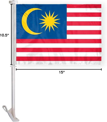 AGAS Malaysia Car Flag Premium 10.5x15 inch Printed Double Sided on Super Knit Polyester Fabric Double Stitched 19 Inch White Plastic Unbreakable Stiff Pole High Visibility Malaysian National Car Flag
