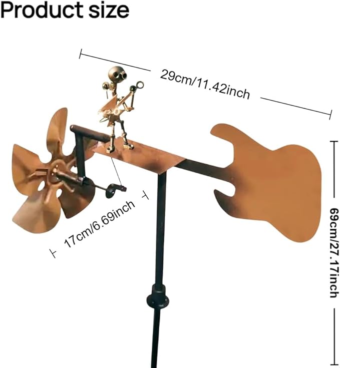 Garden Handmade Metal Rock Band Drummer Guitar Windmill, Kinetic Art Metal Sculpture Wind Spinners, Percussionist Music Rockin Art Figurine, Windmills for Yard Lawn Patio Outdoor Decor (Guitar)