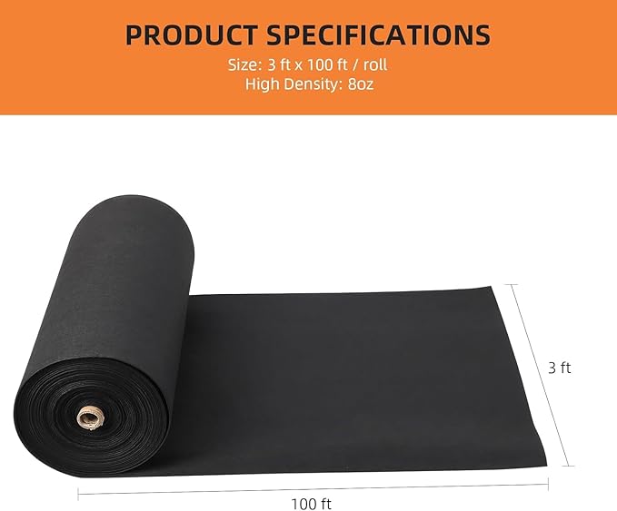 Towallmark Geotextile Landscape, 3ft x 100ft & 8oz Geotextile Fabric, PP Drainage 350N Tensile Strength & 440N Load Capacity, for Driveway & Road Stabilizationr, Erosion Control, French Drains
