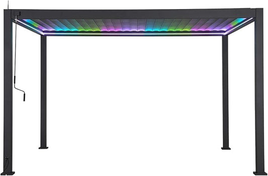 MIRADOR 111S LED Louvered Pergola Gazebo, 10Ft x 13Ft, Integrated LED Strip Lights, Full Aluminum Frame, Adjustable Roof, Outdoor, Durable, Charcoal