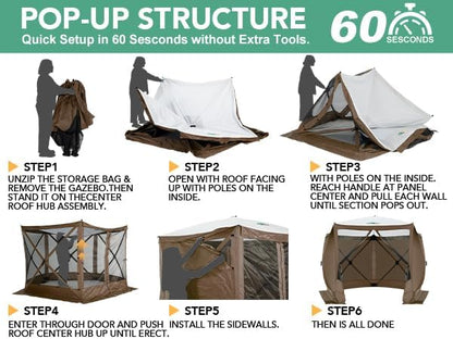 COBIZI 10x10ft Pop up Gazebo Screen House Tent for Camping, Pop-up Camping Canopy with Sidewalls,Portable Outdoor Quick-Set Hub Tent with Carrying Bag&Ground Stakes,Brown(Upgraded 2.0)