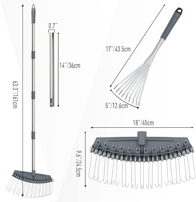 Thatch Rake Adjustable 17"-63", Efficient Metal Leaf Rakes, Wide with 24 Durable Steel Tines, Lightweight Garden Thatching Rakes Used for Mulch ,Leaves, Debris, Pine Needles, Shrub, Gravel