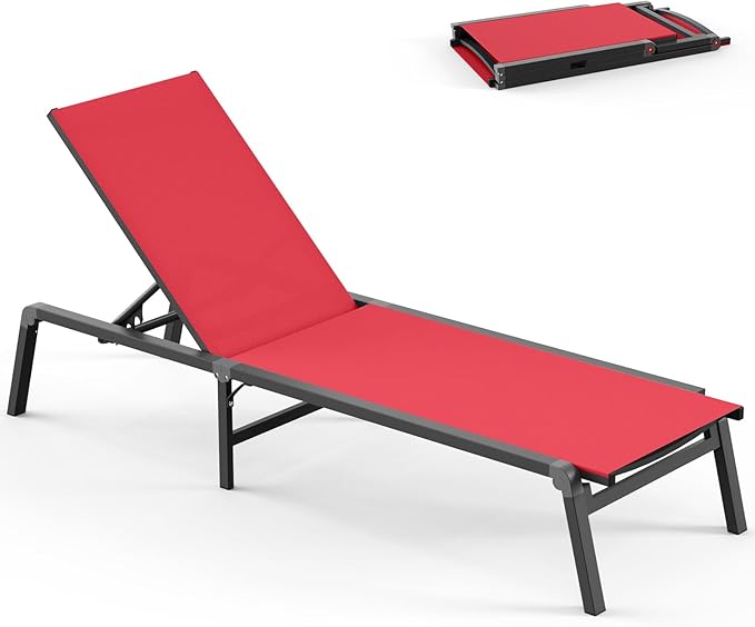 Foldable Pool Lounge Chairs, Aluminum Chaise Lounge Outdoor with 5 Positions Recliner - Free Assembly - Patio Lounge Chair for Poolside, Beach (Red)