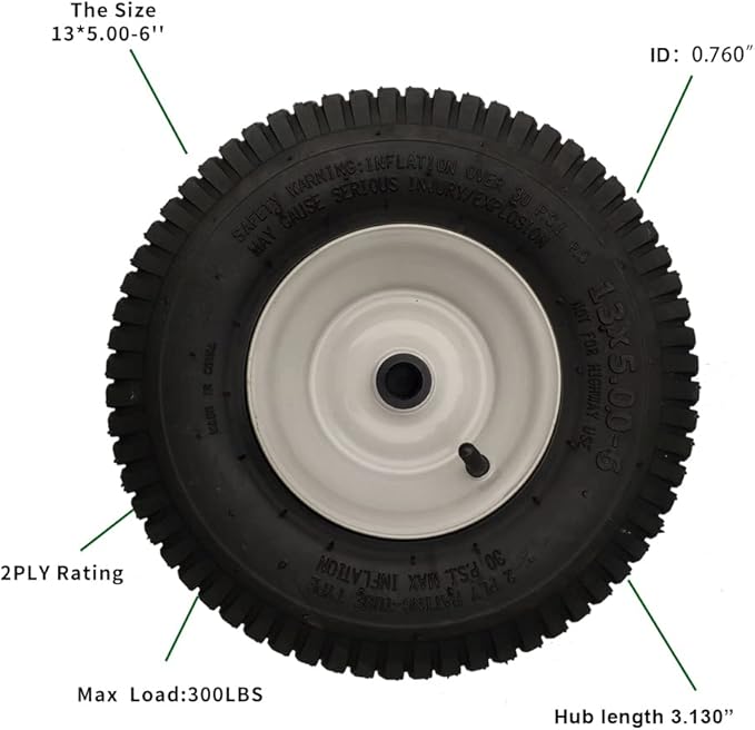 2 Pack 13x5.00-6 Lawn Tractor Pneumatic wheel,Wheelbarrow tire Turf Tread,3.13" hub length with steel rim,Flange ID 0.76''