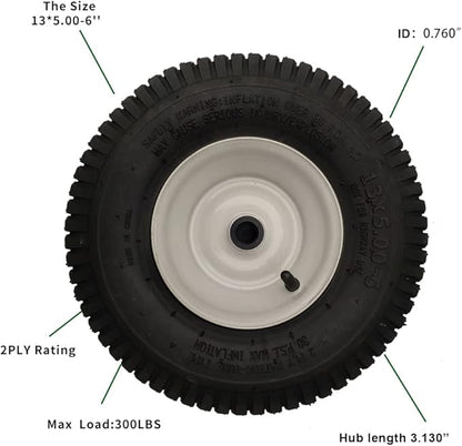 2 Pack 13x5.00-6 Lawn Tractor Pneumatic wheel,Wheelbarrow tire Turf Tread,3.13" hub length with steel rim,Flange ID 0.76''