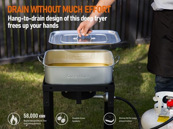 58,000 BTU Outdoor Fish Fryer with Baskets and Lid, 18 Qt. Propane Deep Fryer and 2 Inner Baskets, Ideal for Frying Fish, Chicken Wings, French Fries