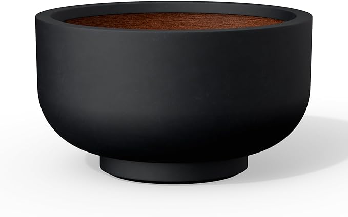 Kante 13.8 Inch Dia Concrete Bowl Planter, Large Tapered Bottom Plant Pot with Drainage, Smooth Black Finish with Warm Brown Interior, Ideal for Porch, Home, Garden, Patio