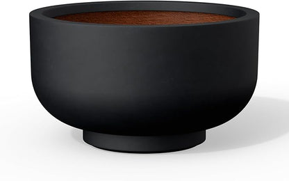 Kante 13.8 Inch Dia Concrete Bowl Planter, Large Tapered Bottom Plant Pot with Drainage, Smooth Black Finish with Warm Brown Interior, Ideal for Porch, Home, Garden, Patio