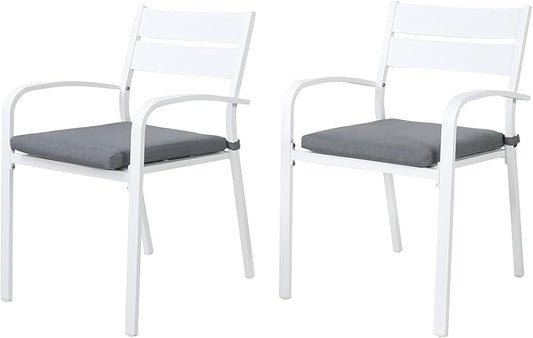 Soleil Jardin Outdoor Aluminum 2-Piece Patio Dining Chairs with Cushions, Stackable Bistro Chairs for Balcony, Garden, Backyard, White Finish & Grey Cushion