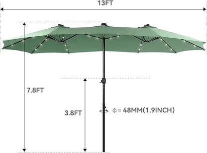 GREEN PARTY 15 ft Rectangle Patio Umbrella with Solar Lights and Base Included, Double-Sided Market Table Umbrella with Crank, Large Outdoor Umbrellas for Patio Poolside Garden Backyard, Mint Green
