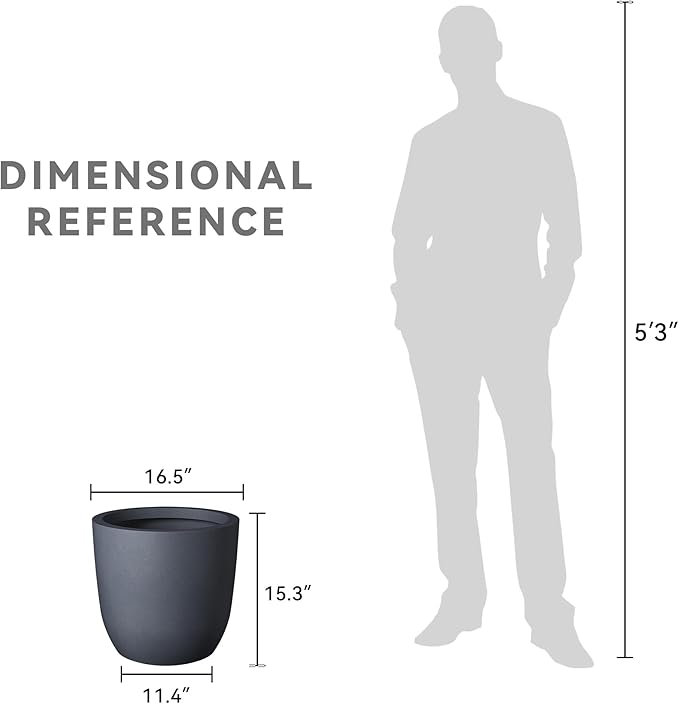 Kante 16.5" Dia Round Concrete Planter, Large Outdoor Modern Indoor Decorative Plant Pots with Drainage Hole and Rubber Plug for Home and Garden, Charcoal