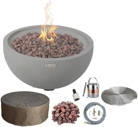 AMS Fireplace | Modeno Nantucket Package | Light Gray Natural Gas Fire Pit Table for Outside Patio Bundle with SS Burner Lid | Free Ice Bucket