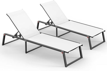 Aluminum Chaise Lounge Outdoor Set of 2, Foldable & Assembly Free Patio Pool Lounge Chairs 5-Position Recliner for Outside Poolside, Fully Grounded Legs Sun Lounger for Beach, Yard, White