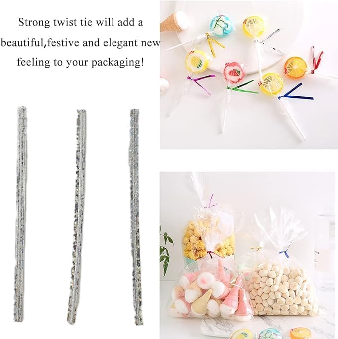 HAHIYO 300Pcs 4inches Holographic Silver Metal Twist Ties Bread Candy Coffee Bag Ties Plant Garden Twist Ties for Cellophane Treat Bags Gift Wraping Bags Plastic Bags Party Cake Present Art Crafts