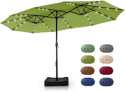 GREEN PARTY 15 ft Rectangle Patio Umbrella with Solar Lights and Base Included, Double-Sided Market Table Umbrella with Crank, Large Outdoor Umbrellas for Patio Poolside Garden Backyard, Lime Green