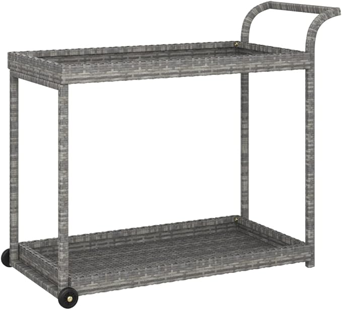 Outdoor Rolling Wicker Bar Cart with Storage Shelves, Portable Bar Cart with Wheels, Patio Kitchen Island Cart for Pool Deck Backyard, Gray 39.4"x17.7"x32.7" Poly Rattan -464