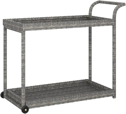 Outdoor Rolling Wicker Bar Cart with Storage Shelves, Portable Bar Cart with Wheels, Patio Kitchen Island Cart for Pool Deck Backyard, Gray 39.4"x17.7"x32.7" Poly Rattan -464