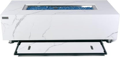 Elementi+ | Carrara Gas Fire Pit | Marble Porcelain & Metal Frame | 60" Rectangular Fire Table | Electronic Ignition | Canvas Cover, Fire Glass & Burner Lid Included | White | Natural Gas