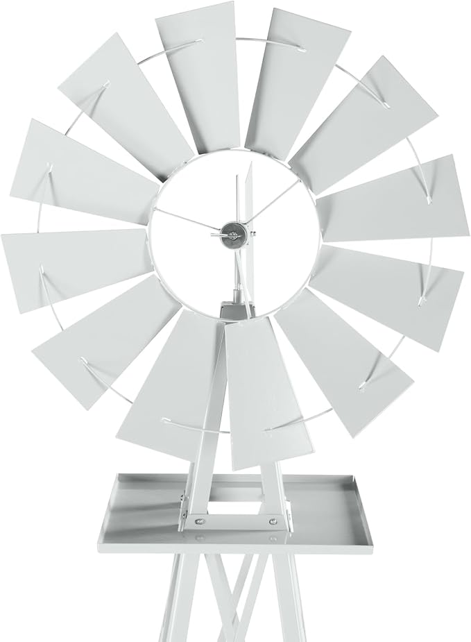 8FT Windmill for Yard Garden Decoration with Weather Vanes，Heavy Duty Outdoor Wind Mills, Large Metal Outdoor Windmill,Weather Resistant,White