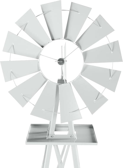 8FT Windmill for Yard Garden Decoration with Weather Vanes，Heavy Duty Outdoor Wind Mills, Large Metal Outdoor Windmill,Weather Resistant,White