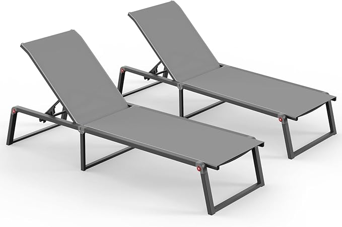 Aluminum Chaise Lounge Outdoor Set of 2, Foldable & Assembly Free Patio Pool Lounge Chairs 5-Position Recliner for Outside Poolside, Fully Grounded Legs Sun Lounger for Beach, Yard, Dark Gray