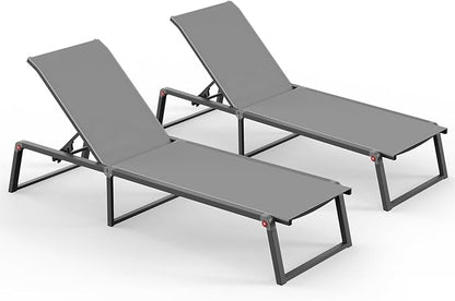 Aluminum Chaise Lounge Outdoor Set of 2, Foldable & Assembly Free Patio Pool Lounge Chairs 5-Position Recliner for Outside Poolside, Fully Grounded Legs Sun Lounger for Beach, Yard, Dark Gray