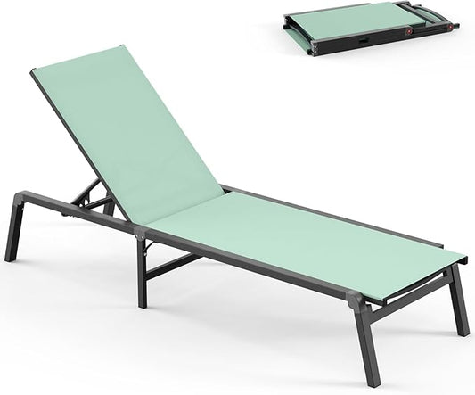 Foldable Pool Lounge Chairs, Aluminum Chaise Lounge Outdoor with 5 Positions Recliner - Free Assembly - Patio Lounge Chair for Poolside, Beach (LightGreen)