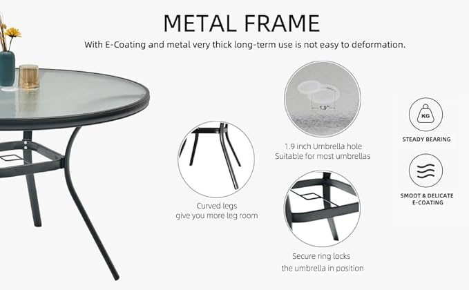 5-Piece Outdoor Patio Dining Set, 40-Inch Round Glass Table with 4 Stackable Chairs, Black