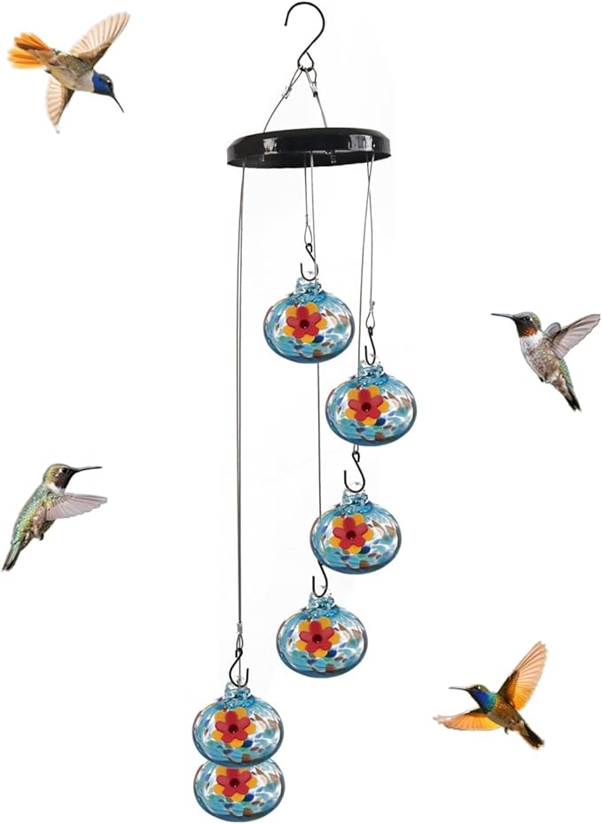 Decorative Glass Wind Chime Type Hummingbird Feeder Hanging Type, Blue with red Floral Design, 6 Hanging Spheres, ant Proof and Sealed, Perfect for Outdoor Garden Decoration.