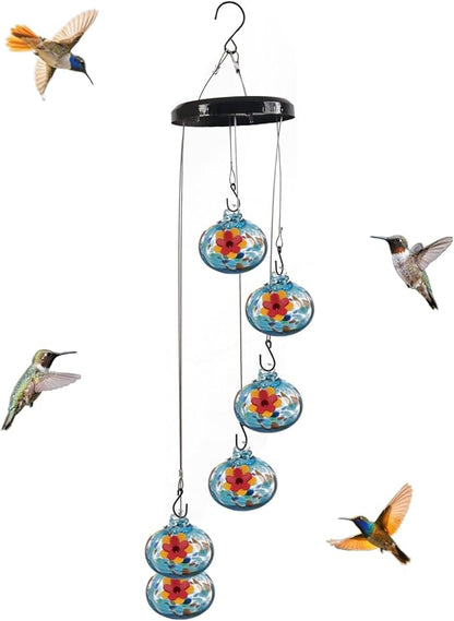 Decorative Glass Wind Chime Type Hummingbird Feeder Hanging Type, Blue with red Floral Design, 6 Hanging Spheres, ant Proof and Sealed, Perfect for Outdoor Garden Decoration.