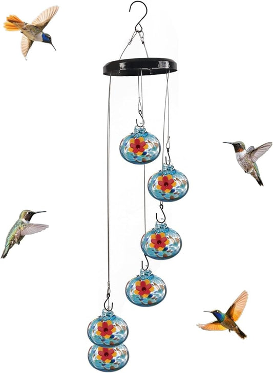 Decorative Glass Wind Chime Type Hummingbird Feeder Hanging Type, Blue with red Floral Design, 6 Hanging Spheres, ant Proof and Sealed, Perfect for Outdoor Garden Decoration.
