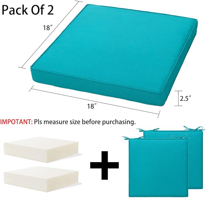 Magpie Fabrics Indoor Outdoor Waterproof Square Chair Cushion, 18" x 18" x 2.5", 2 Pack, Water Resistant Seat Cushions, for Patio Garden Office, Teal