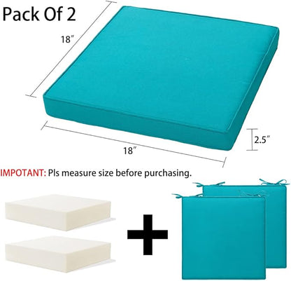 Magpie Fabrics Indoor Outdoor Waterproof Square Chair Cushion, 18" x 18" x 2.5", 2 Pack, Water Resistant Seat Cushions, for Patio Garden Office, Teal