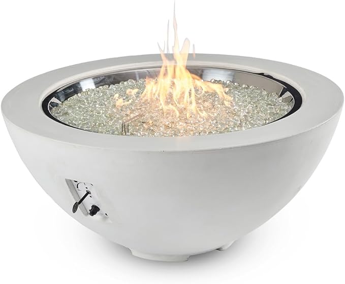 Outdoor GreatRoom Co Propane Fire Pit Table - Cove Gas Fire Pits for Outside Patio - 42 Inch Round Edge Bowl Concrete Firepit Fire Table, Glass Tabletop Cover, Clear Glass Gems, 105,000 BTU - White
